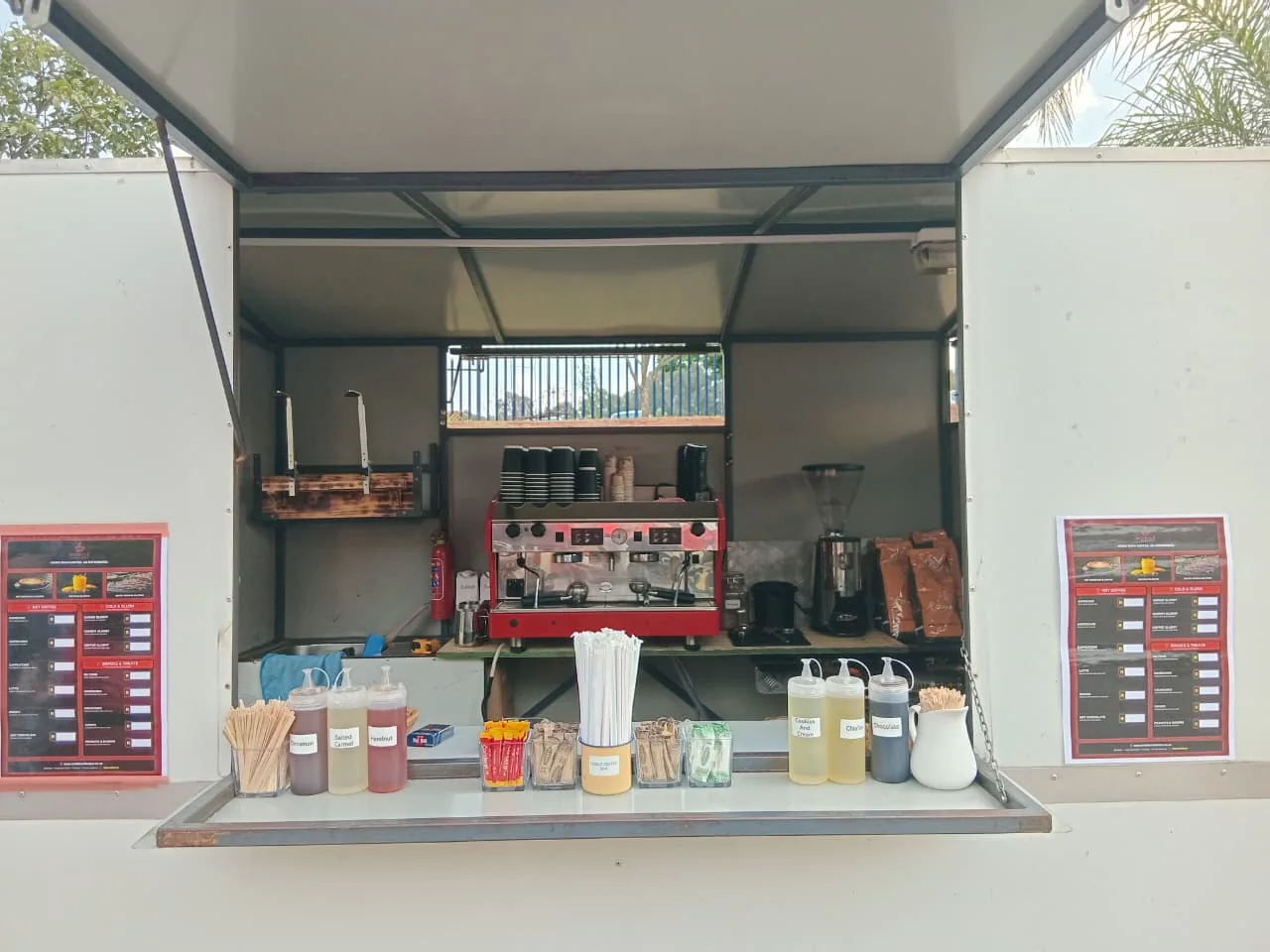 Mobile coffee bar stocked and ready for service
