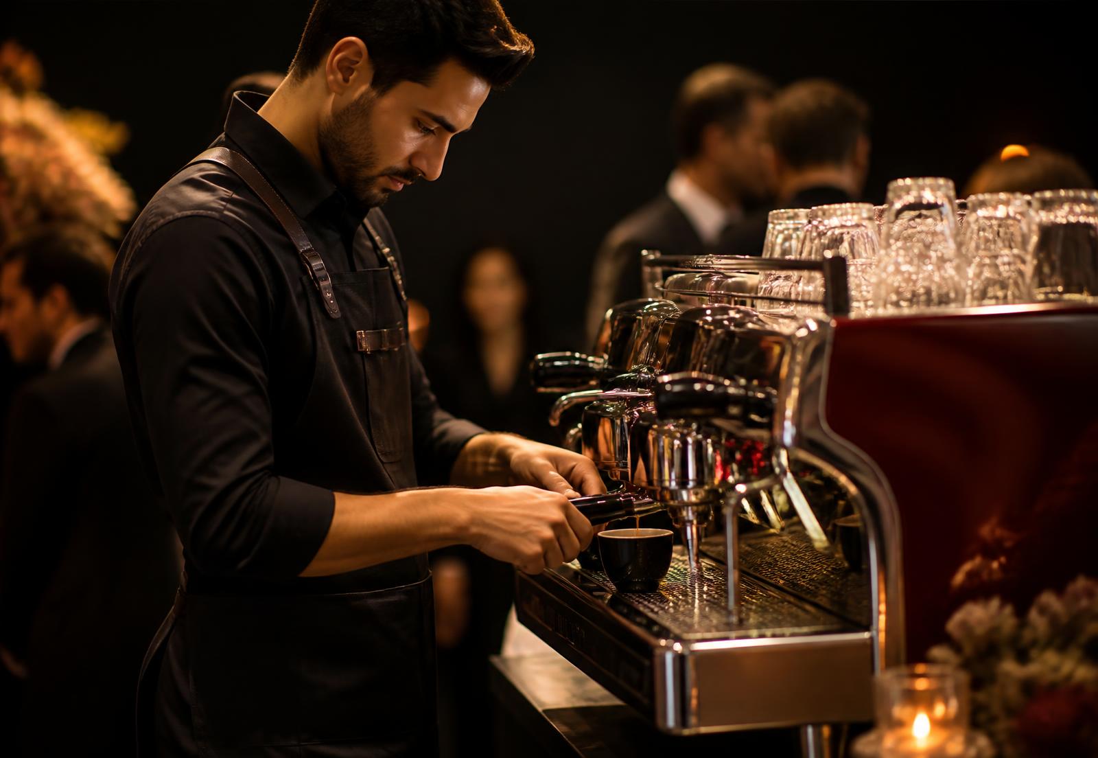Barista preparing espresso on a red commercial machine at an event